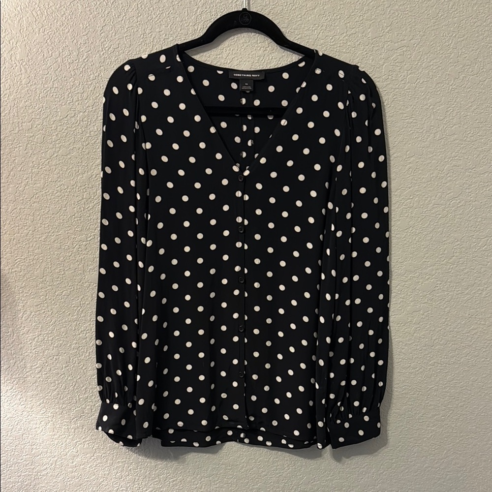 Something Navy Black and White Blouse with Mandarin Collar